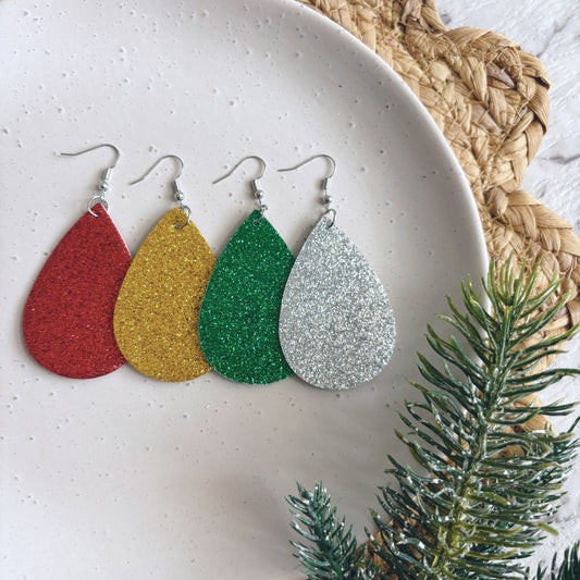 Christmas Sparkle Teardrops // Leather Earrings