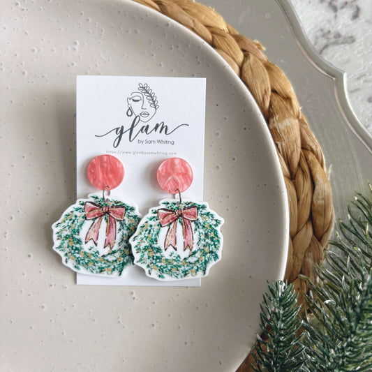 Christmas Wreath Stud Dangles // Resin Earrings