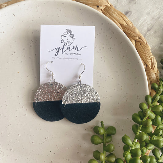 metallic silver and shimmer black circle leather earrings