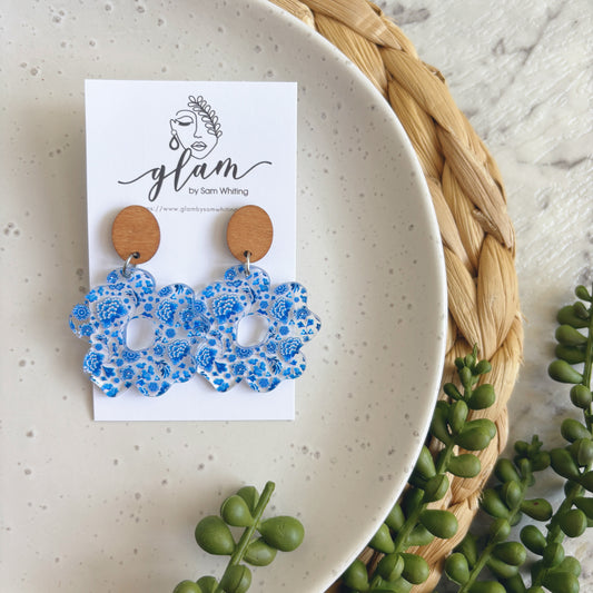 Mediterranean Floral Stud Dangles // Timber and Acrylic Earrings