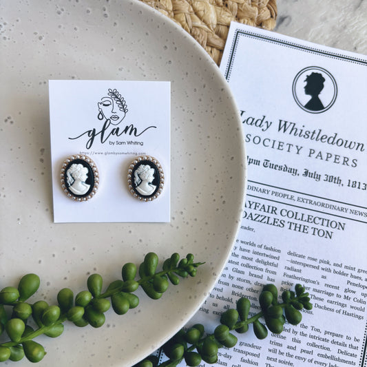 Bridgerton, lady whistledown studs. Vintage style with pearls and lady silhouette earrings